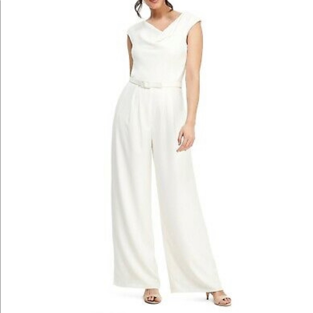 NWT Gal Meets Glam Cream White DELIA Cowl Drape Neck Belted Crepe Pants